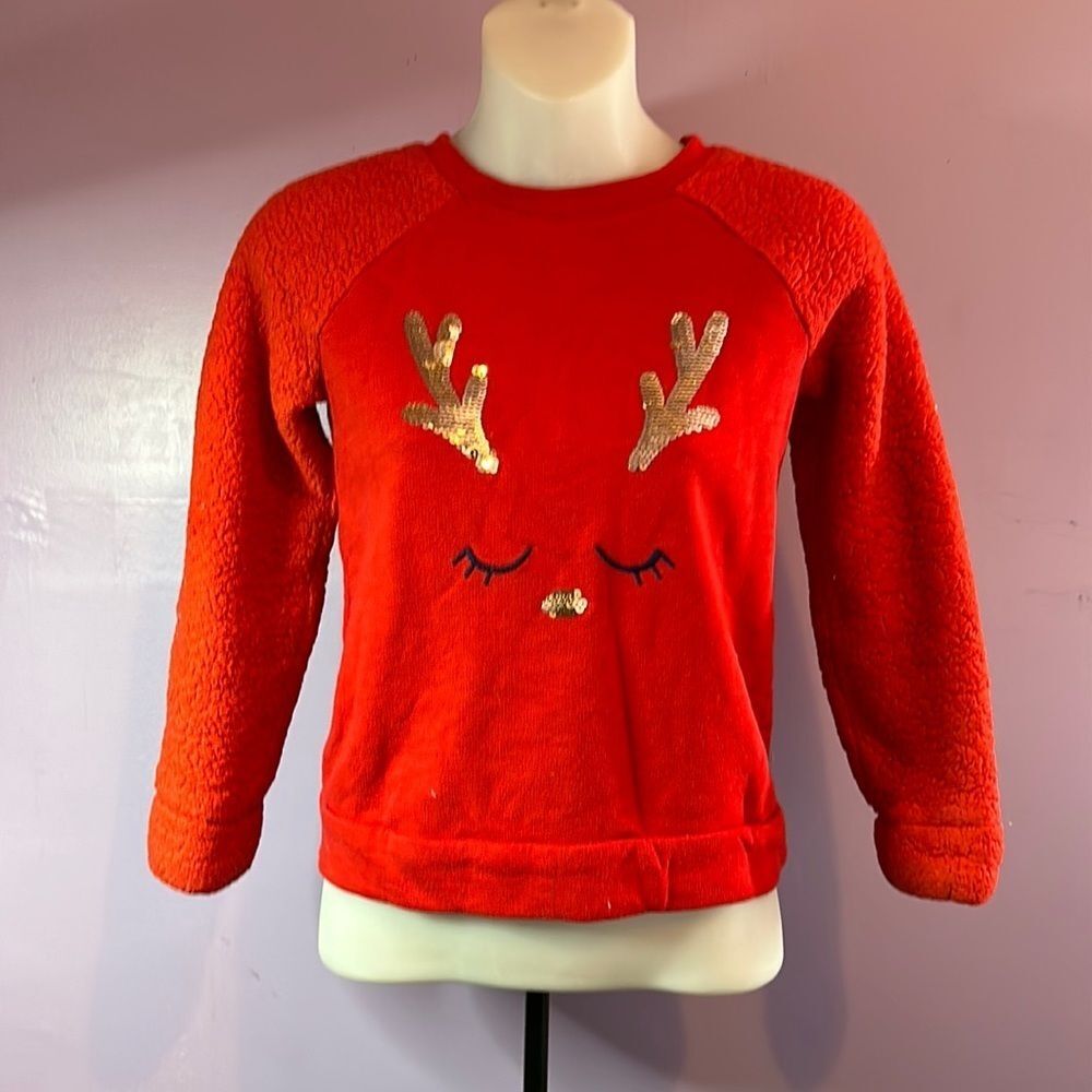 Cat & Jack Fuzzy Red Reindeer Sequin Sweatshirt Girls 7/8